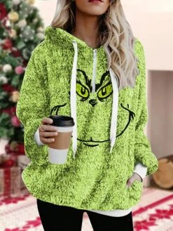 Women's Fleece Jacket Sherpa Jacket Teddy Coat Warm Breathable Christmas Street Daily Wear Vacation Zipper Pocket Print Pullover Hoodie Plush Casual Daily Comfortable Xmas Cartoon Regular Fit