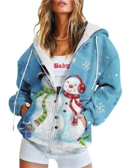 Women's Teddy Coat Hoodie Jacket Warm Breathable Outdoor Daily Wear Vacation Going Out Pocket Print Zipper Hoodie Active Sports Comfortable Christmas Cartoon Regular Fit Outerwear Long Sleeve Winter