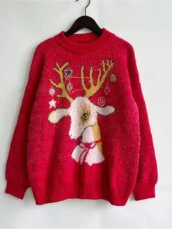 Women's Ugly Christmas Sweater Pullover Sweater Jumper Crew Neck Ribbed Knit Acrylic Oversized Fall Winter Regular Outdoor Xmas Daily Stylish Casual Soft Long Sleeve Elk Snowflake Red S M L -Xmas Cothing Store zugstt1696903343585