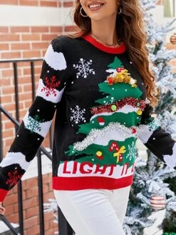 Women's Ugly Christmas Sweater Pullover Sweater Jumper Crew Neck Ribbed Knit Acrylic Patchwork Fall Winter Regular Xmas Daily Going Out Stylish Casual Soft Long Sleeve Elk Christmas Tree Black -Xmas Cothing Store zunmhe1695029173787