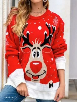 Women's Ugly Christmas Sweater Pullover Sweater Jumper Crew Neck Ribbed Knit Acrylic Oversized Fall Winter Regular Outdoor Xmas Daily Stylish Casual Soft Long Sleeve Geometric Elk Snowflake Wine -Xmas Cothing Store zunujy1696903325259