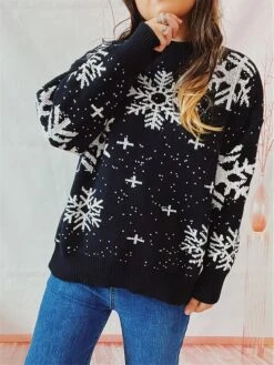 Women's Ugly Christmas Sweater Pullover Sweater Jumper Crew Neck Ribbed Knit Polyester Oversized Fall Winter Regular Outdoor Christmas Daily Stylish Casual Soft Long Sleeve Snowflake Black Red Green -Xmas Cothing Store zurfbq1696903395063