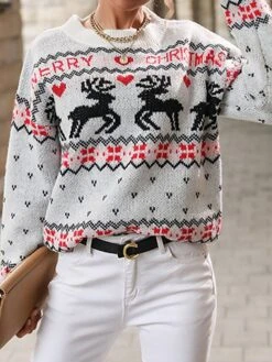 Women's Ugly Christmas Sweater Pullover Sweater Jumper Crew Neck Ribbed Knit Polyester Patchwork Fall Winter Regular Outdoor Christmas Daily Stylish Casual Soft Long Sleeve Heart Elk White S M L