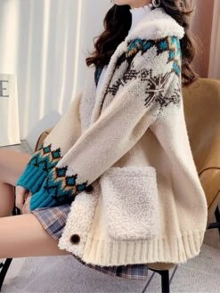 Women's Ugly Christmas Sweater Cardigan Sweater Shirt Collar Ribbed Knit Polyester Button Pocket Fall Winter Regular Outdoor Christmas Daily Stylish Casual Soft Long Sleeve Geometric Snowflake Red -Xmas Cothing Store zuzekg1696903334738