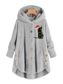 Women's Fleece Jacket Sherpa Jacket Teddy Coat Windproof Warm Outdoor Christmas Daily Wear Vacation Button Pocket Print Single Breasted Hoodie Plush Casual Daily Modern Xmas Animal Regular Fit