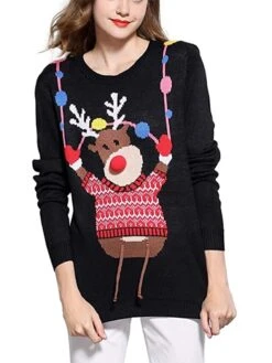 Women's Ugly Christmas Xmas Sweater Pullover Sweater Jumper Crew Neck Ribbed Knit Acrylic Knitted Fall Winter Outdoor Christmas Daily Stylish Casual Soft Long Sleeve Animal Black S M L -Xmas Cothing Store zwlkei1663323746770