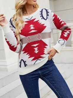 Women's Pullover Sweater Jumper Crew Neck Ribbed Knit Polyester Oversized Fall Winter Short Christmas Daily Going Out Xmas Stylish Casual Soft Long Sleeve Geometric Pink Apricot Grey S M L -Xmas Cothing Store zwunis1695175916367