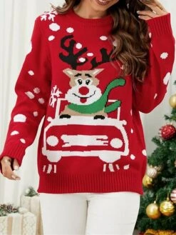Women's Ugly Christmas Sweater Pullover Sweater Jumper V Neck Ribbed Knit Polyester Knitted Print Fall Winter Regular Outdoor Xmas Holiday Daily Stylish Casual Long Sleeve Santa Claus Black S M L -Xmas Cothing Store zwypfg1697291718199