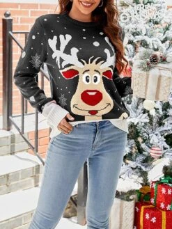 Women's Ugly Christmas Sweater Crew Neck Chunky Knit Acrylic Patchwork Drop Shoulder Fall Winter Regular Party Christmas Stylish Casual Long Sleeve Animal Black Red S M L -Xmas Cothing Store zxeotk1694515380938
