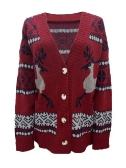 Women's Ugly Christmas Sweater Cardigan Sweater Jacket Crew Neck Ribbed Knit Polyester Pocket Knitted Print Fall Winter Regular Outdoor Christmas Daily Stylish Casual Soft Long Sleeve Elk Snowflake -Xmas Cothing Store zyvwmo1697290865305
