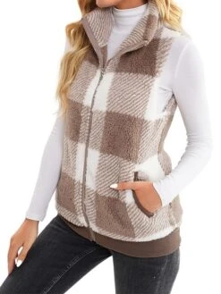 Women's Teddy Vest Fleece Plaid Sleeveless Sherpa Coat Fall Winter Thermal Warm Christmas Outerwear With Pockets Stylish Contemporary Modern Style Jacket Sleeveless -Xmas Cothing Store zyyaec1692264944608