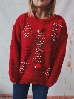 Women's Christmas Sweaters Pullover Sweater Jumper Crew Neck Chunky Knit Polyester Embroidery Beads Fall Winter Regular Christmas Daily New Year Fashion Daily Vintage Style Long Sleeve Christmas Tree