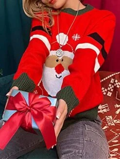 Women's Ugly Christmas Sweater Pullover Sweater Jumper Crew Neck Ribbed Knit Polyester Knitted Fall Winter Regular Outdoor Christmas Daily Stylish Casual Soft Long Sleeve Letter Santa Claus Striped -Xmas Cothing Store zzewir1697290686136