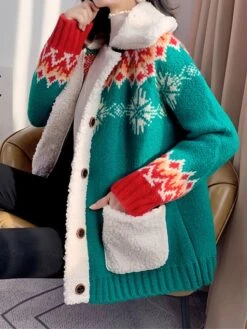Women's Ugly Christmas Sweater Cardigan Sweater Shirt Collar Ribbed Knit Polyester Button Pocket Fall Winter Regular Outdoor Christmas Daily Stylish Casual Soft Long Sleeve Geometric Snowflake Red -Xmas Cothing Store zzkdql1696903331899