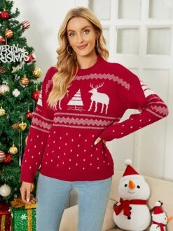 Women's Pullover Sweater Jumper Crew Neck Chunky Crochet Knit Polyester Embroidery Spring Fall Winter Christmas Daily Holiday Stylish Casual Long Sleeve Elk Xmas Tree Red Blue S M L